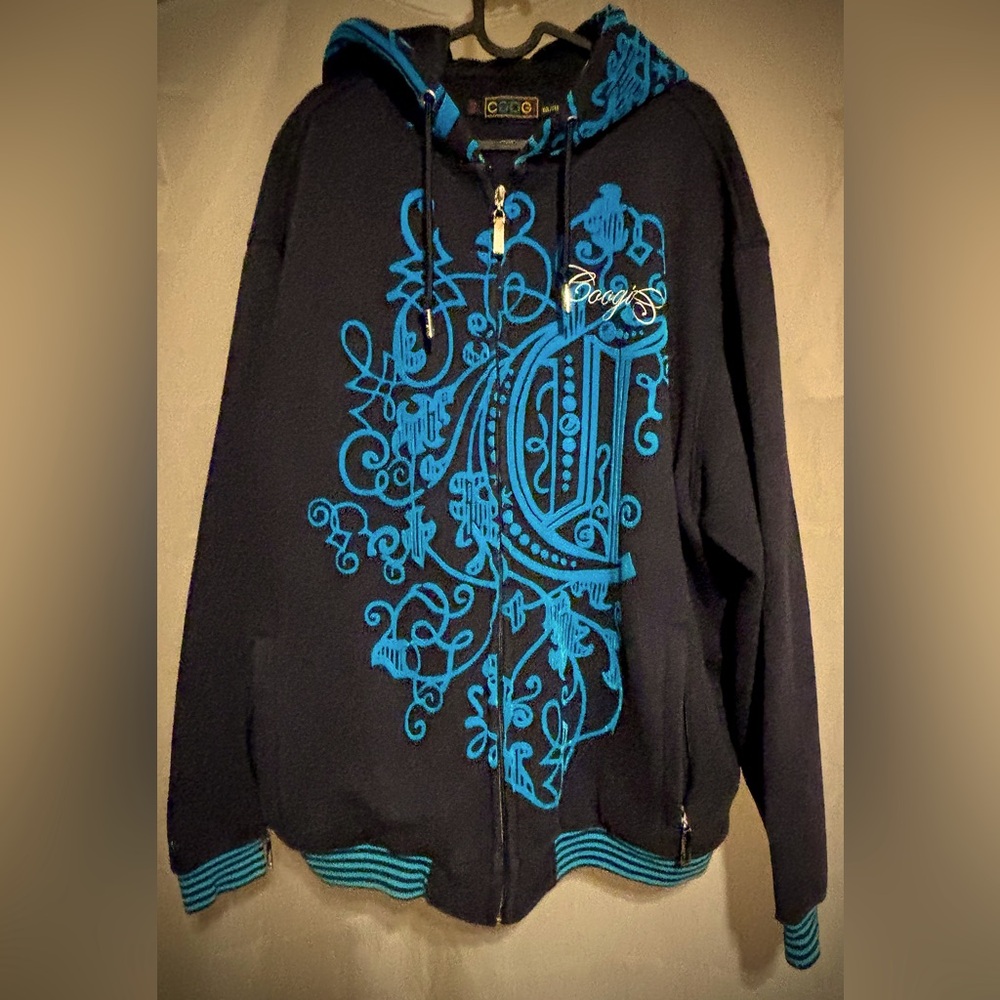 Coogi- Black Hoodie with Vibrant Blue Design-Xtra Large